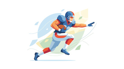 Fototapeta premium American football player in blue and red uniform running with ball, stylized flat design vector illustration with dynamic geometric background elements on white backdrop.