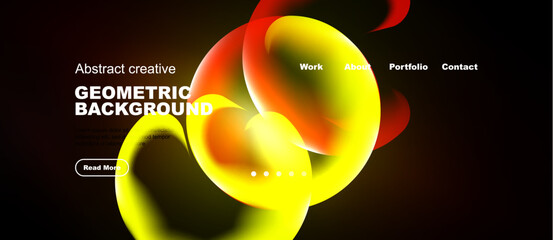 Naklejka premium Abstract design features vibrant shapes, text overlays, navigation menu. Dark background enhances colorful elements. Modern aesthetic.
