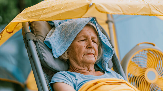 An elderly woman lies on a sun lounger under a yellow umbrella with a wet towel on her head and a fan nearby, enduring the hot weather and the concept of heat stress and health care in the heat.