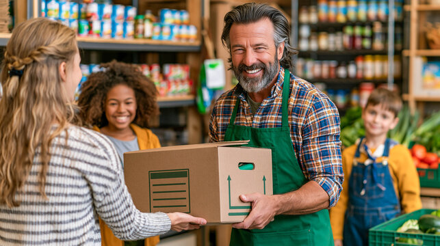 A volunteer in a green apron hands a box of groceries to a woman in a food bank, a concept of charity and mutual assistance.
