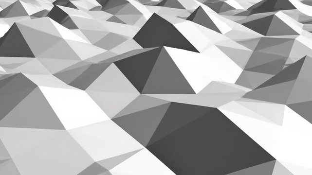 White and gray abstract low-poly background featuring a 3D geometric pattern of connected triangles forming an uneven faceted terrain with architectural lighting and shadows.