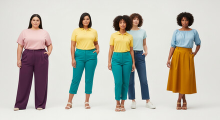 Obraz premium Diverse women posing in stylish casual wear, symbolizing fashion, body positivity, and modern style, suitable for clothing campaigns.