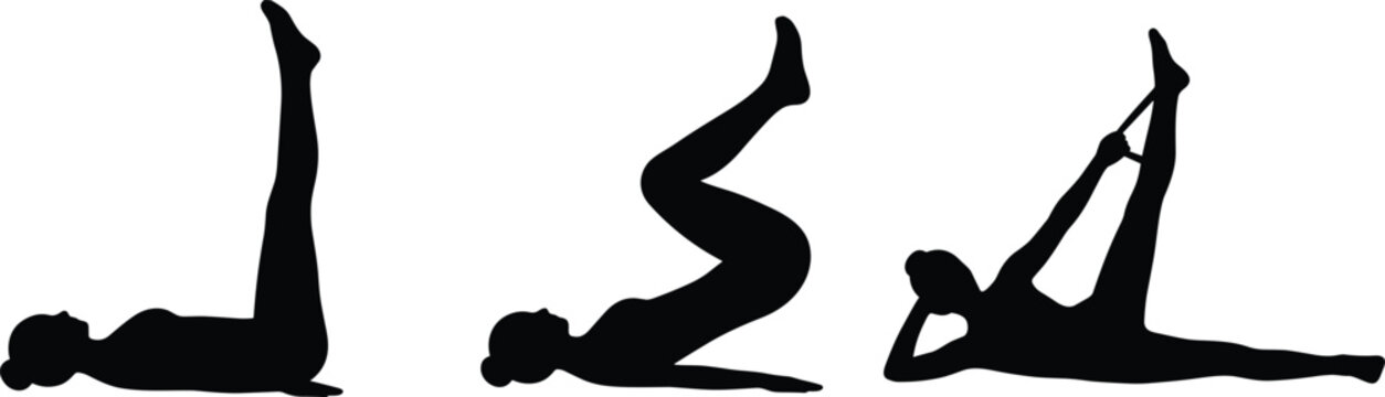 Pilates workout silhouette vector icon set woman practicing core exercise yoga leg raise fitness training wellness isolated graphic illustration elements collection