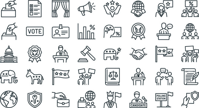 Minimalist Politics and Election Outline Icons Collection Featuring Democracy, Voting, Government, Ballot, Campaign and Civic Participation Symbols