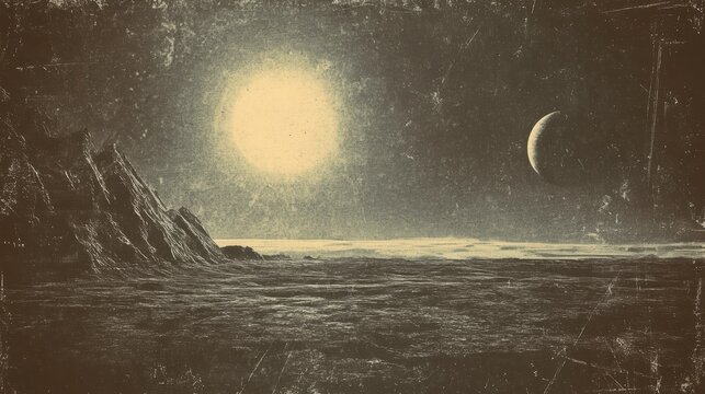 Grunge textured alien planet landscape with sun and moon.