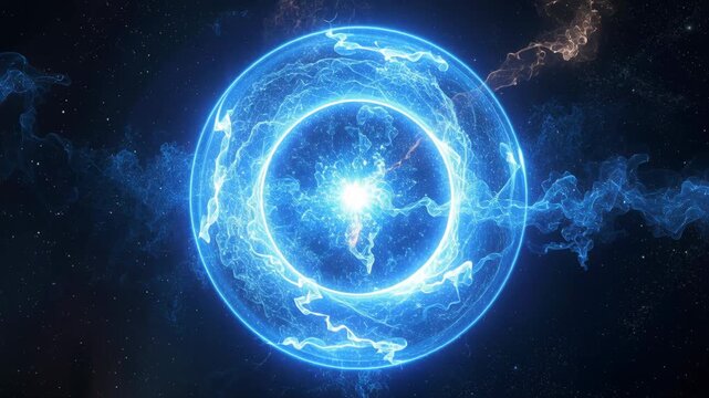 Glowing blue sphere radiating light and forming a cosmic portal symbolizing technology power and universal connection.
