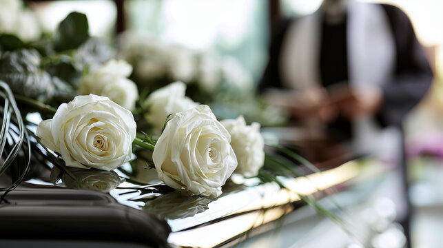 Elegant Farewell Memorial Scene with White Roses and Coffin Refined memorial composition featuring white roses placed on a glossy coffin, blurred officiant conducting a funeral cer