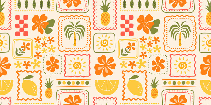 Summer Tropical Seamless Pattern in Flat Cartoon Style. Palm tree, hibiscus flowers, lemon, pineapple, citrus slice, sunshine and retro island motifs