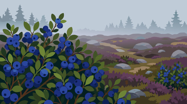 Wild blueberry bushes laden with deep blue fruit on a misty moorland, rolling heather hills, pine silhouettes and scattered stones in a serene botanical vector landscape for natural food packaging
