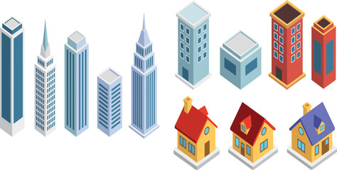Obraz premium Isometric City Buildings Vector Collection Featuring Modern Skyscrapers Office Towers Apartment Blocks and Residential Houses for Urban Architecture Design