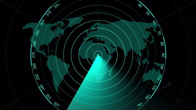 Animation of Radar screen with scanning beam. Scanning Submarine, drone, or plane Radar Screen with ball World Map.