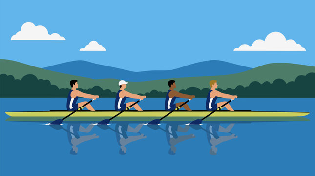 Four rowers pulling oars in unison across calm blue water, sleek racing shell mirrored by reflections with green hills and mountains in a clean athletic vector illustration of teamwork and endurance