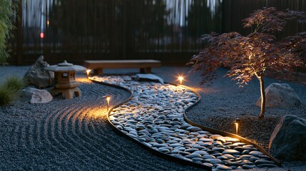 Obraz premium Serene Japanese Zen Garden Pathway Illuminated by Soft Evening Lights with Maple Tree and Stone Lantern