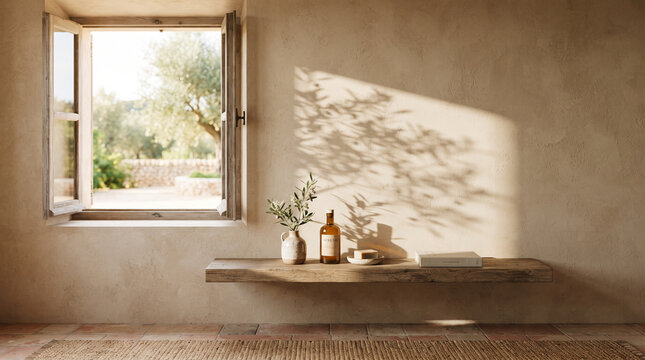 Rustic Mediterranean interior room with open wooden window looking at olive garden, warm plaster wall mockup with sunlit olive branch shadows, raw wood shelf with amber bottle and book, 3d render.