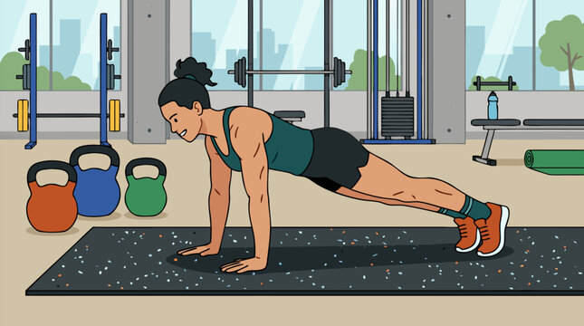 Fit athlete performing burpees on speckled rubber gym floor with kettlebells, barbell rack, bench, and city windows, energetic vector workout scene for fitness training and conditioning