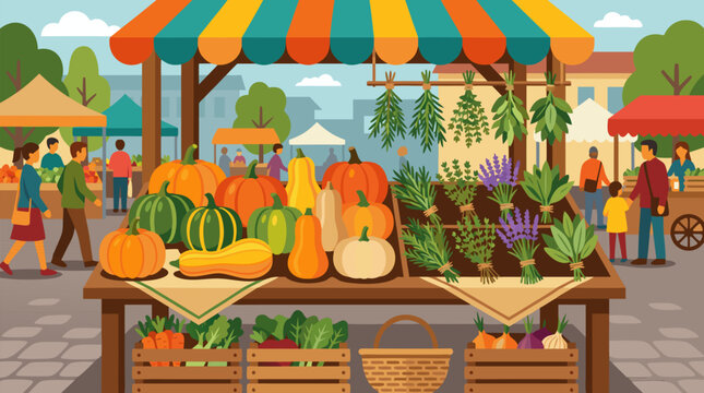 Colorful farmers market stall piled with pumpkins, squash, gourds and fresh bundled herbs under striped canopy, busy autumn produce bazaar vibrant community scene, flat vector illustration