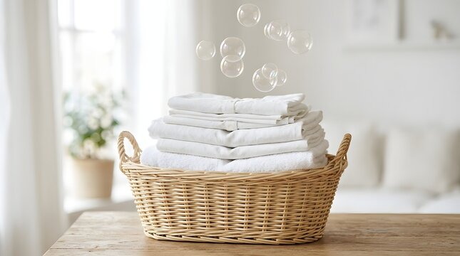 Stack of freshly laundered white towels neatly folded in a woven basket, with soap bubbles floating gently above