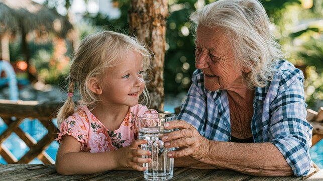 Caring grandmother giving a glass of fresh water to her cute little granddaughter.