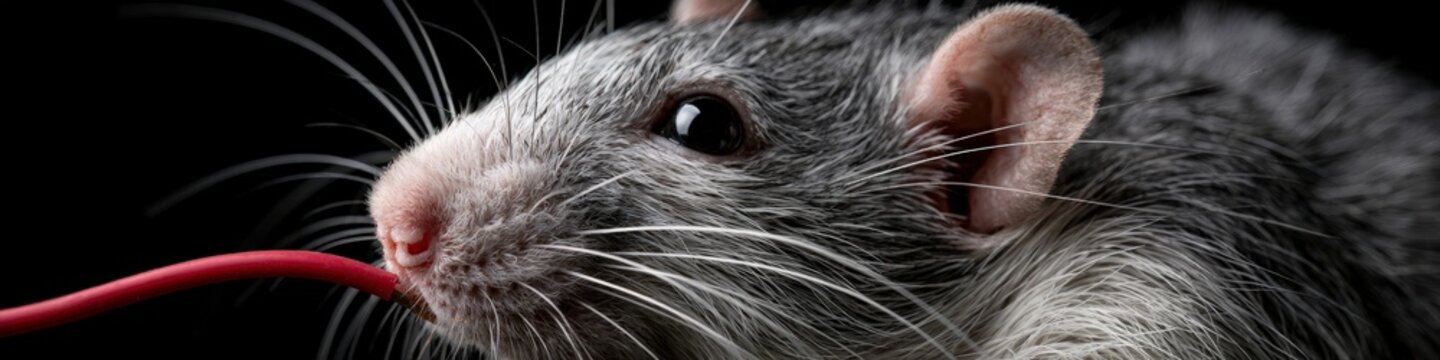 Cute rat chewing on electrical wiring cable. Rodent damage and pest control concept.
