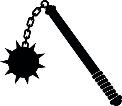 Medieval flail weapon silhouette icon with spiked mace ball and chain for combat, warfare and fantasy design