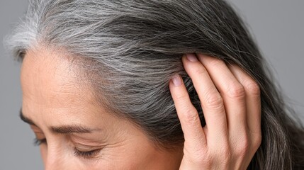 Fototapeta premium Woman showing gray hair roots while touching her head close up. Aging and hair care.