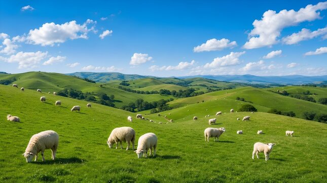 Sunlit flock of sheep grazing across rolling emerald hills, pastoral countryside panorama with lush meadows, distant valleys, scattered trees and bright blue summer sky with soft white clouds