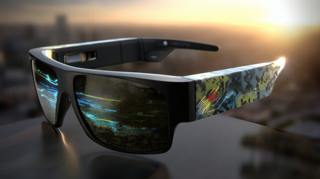 digital painting of augmented reality eyewear with glowing circuit patterns on the frame. The lenses project a complex web of data connections and scrolling binary text over a blurred metropolitan 