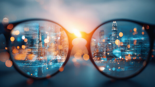 digital painting of augmented reality eyewear with glowing circuit patterns on the frame. The lenses project a complex web of data connections and scrolling binary text over a blurred metropolitan 