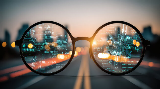 digital painting of augmented reality eyewear with glowing circuit patterns on the frame. The lenses project a complex web of data connections and scrolling binary text over a blurred metropolitan 