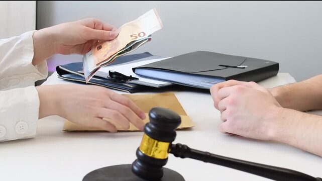 A man hands over euro banknotes in cash in an envelope, a woman counts money, handshake to sign a successful deal, bribes near a gavel and documents in a law office or judge's chambers. Bribe, payoff