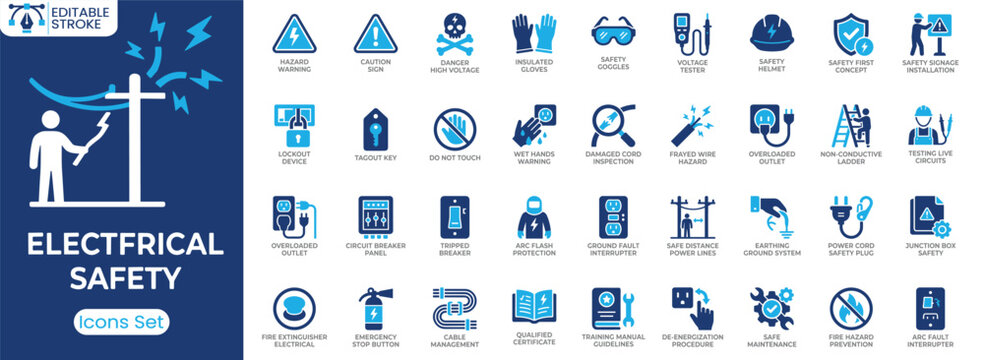 Electrical Safety icon set. Containing hazard warning, insulated gloves, circuit breaker, arc flash protection, lockout device, fire prevention and more. Solid vector icons collection