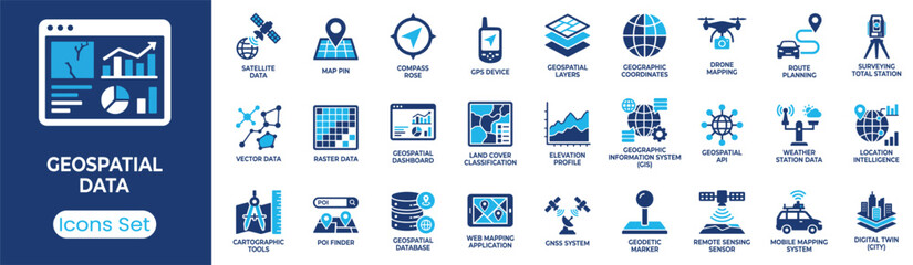 Geospatial data icon set. Containing satellite data, GPS device, geospatial layers, web mapping application, geographic information system and more. Solid vector icons collection © ToufikGlyph