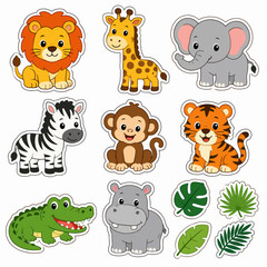 Obraz premium Cute Cartoon Safari Animals: A vibrant collection of adorable cartoon safari animals, including a lion, giraffe, elephant, zebra, monkey, tiger, crocodile, and hippopotamus, alongside tropical leaves.