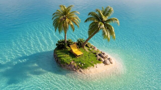 Serene tropical island paradise with palm trees and clear turquoise ocean waters. A tranquil, uninhabited island featuring lush green grass, rocky outcrops, and a single yellow lounge chair