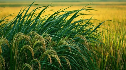Obraz premium Close-up view of lush green rice plants with golden stalks swaying gently in a sunlit field