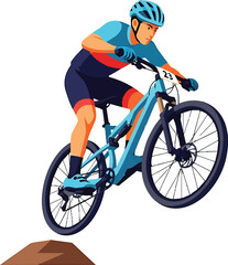 Fototapeta premium Dynamic Mountain Biker Leaping Over a Dirt Mound on a Trail.
