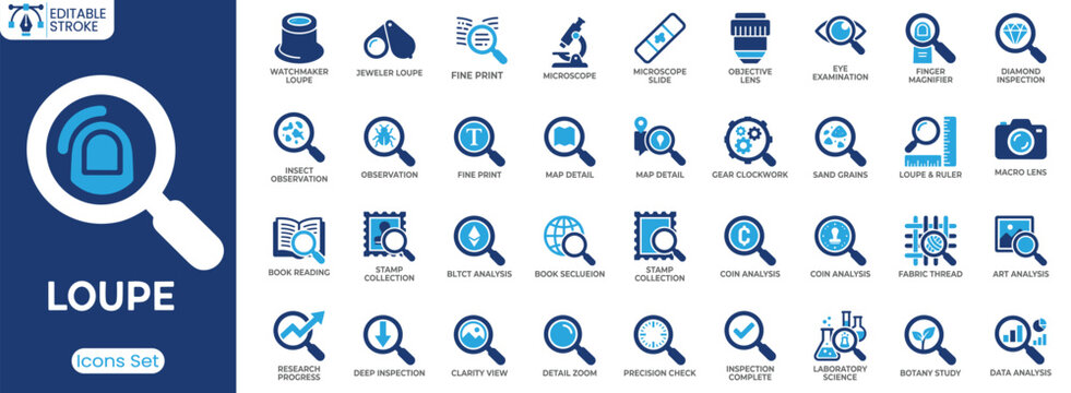 Loupe icon set. Containing jeweler loupe, microscope, eye examination, diamond inspection, detail zoom and more. Solid vector icons collection