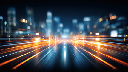 Fototapeta premium architectural style illustration of a data-driven urban environment viewed through AR glasses. Thousands of fine blue and amber light threads represent high-speed city data networks flowing 