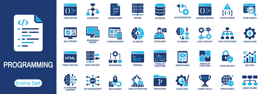 Programming icon set. Containing code editor, source code, API integration, database, version control and more. Solid vector icons collection