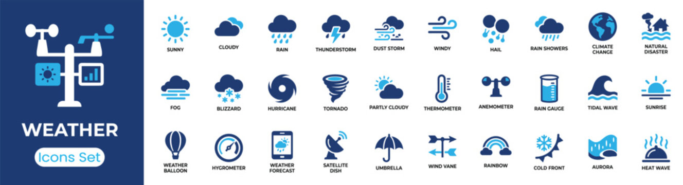 Weather icon set. Containing sunny, rain, thunderstorm, thermometer, weather forecast and more. Solid vector icons collection