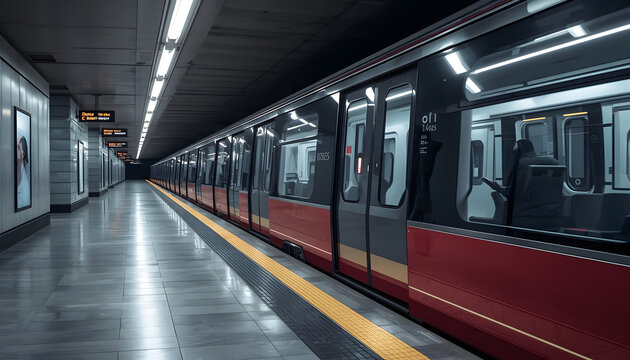 Red subway train at a modern station platform