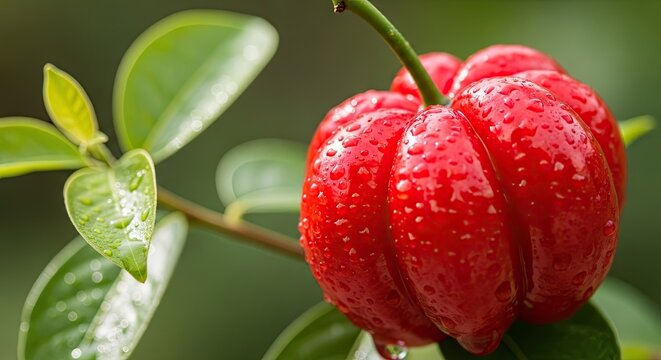 Ripe red pitanga fruit with water droplets on branch.