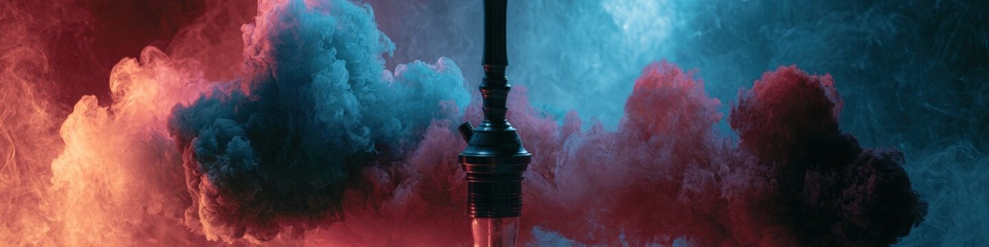 Traditional hookah shisha pipe silhouette in colorful neon red and blue smoke.