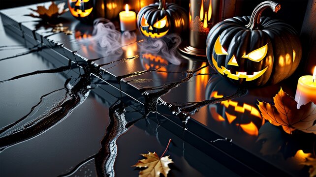 Glowing jack o lantern pumpkins with candles and smoke on a dark reflective surface with autumn leaves full hd 4k stock image download