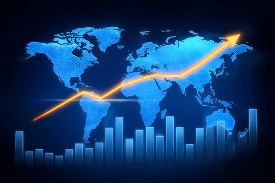 Global economic growth chart with rising arrow and world map background showing progress