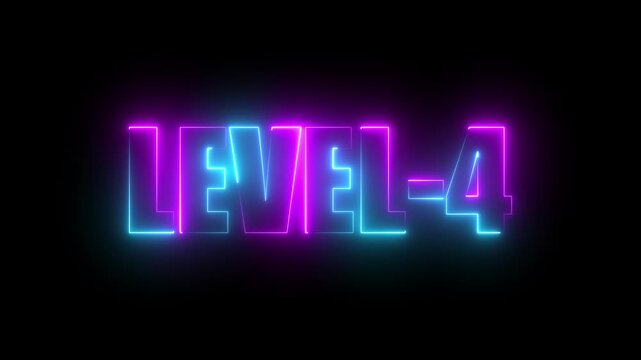 Level -4 neon bright text font, colorful motion animation. Ideal for futuristic game intros animation. Neon level 4 up sing on a black background.4k video.