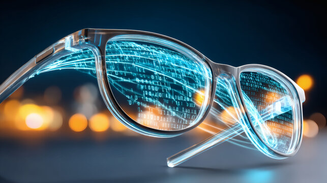 high-end 3D visualization of artificial intelligence processing via smart glasses. A glowing cyan data stream and binary strings are the focal points, hovering around the sleek eyewear. The 