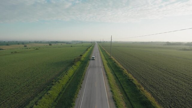 Rural road surrounded by fields in Iowa