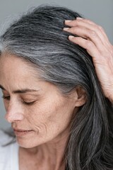 Fototapeta premium Woman showing gray hair roots while touching her head close up. Aging and hair care.