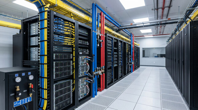 Rows of server racks with colorful cabling and liquid cooling pipes in a modern data center.